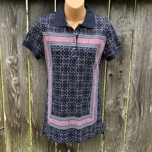 Liebeskind Berlin Womens Sz M 38 Pique Polo Knit Top Bandana Print Navy Blue NWT